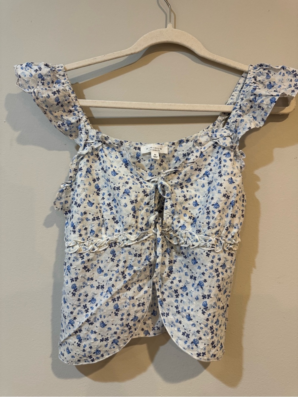 Blue Floral Tie-Front Ruffle Strap Blouse